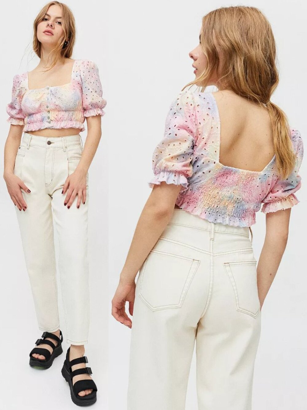 Urban Outfitters Tie Dye Eyelet Smocked Crop Top